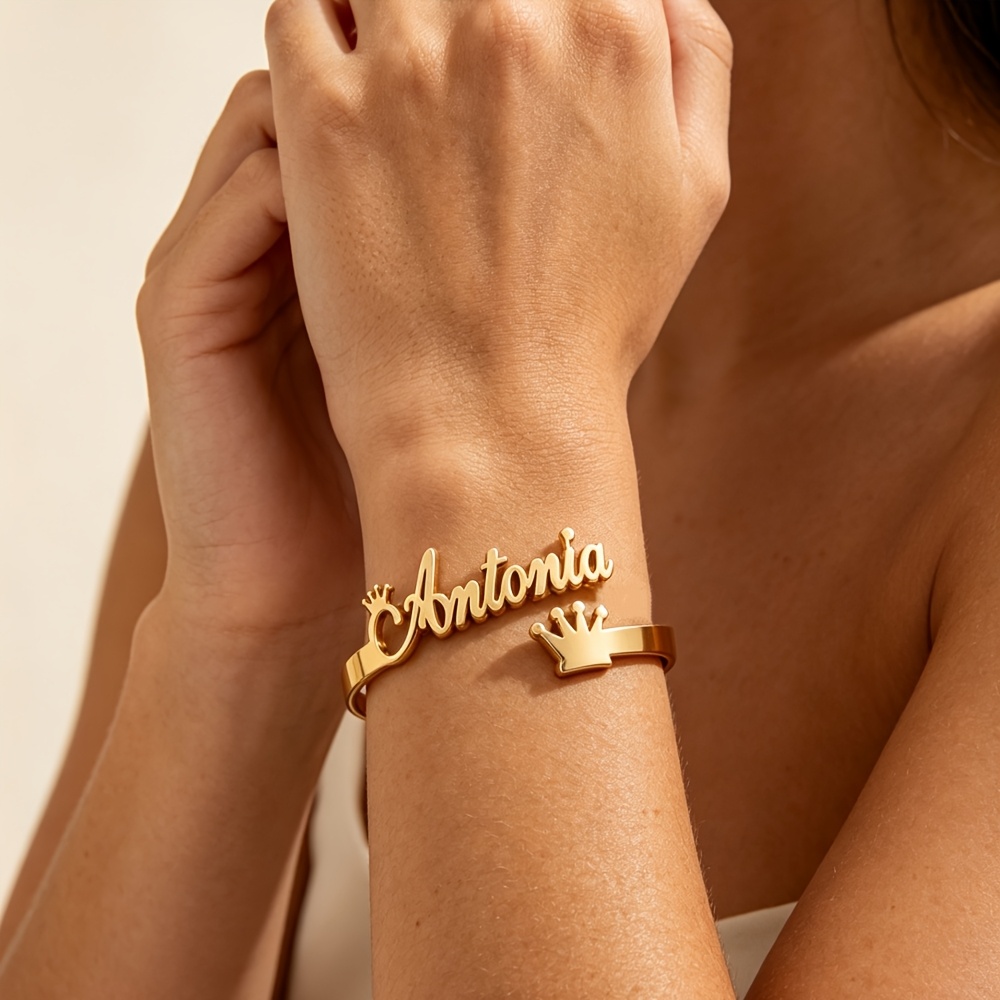 Custom Crown Name Golden Bracelet, Personalized Stainless Steel